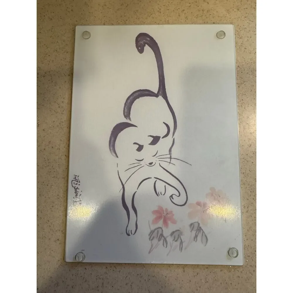 C Fung Miller Cat with Flowers Cutting Board. 11x8